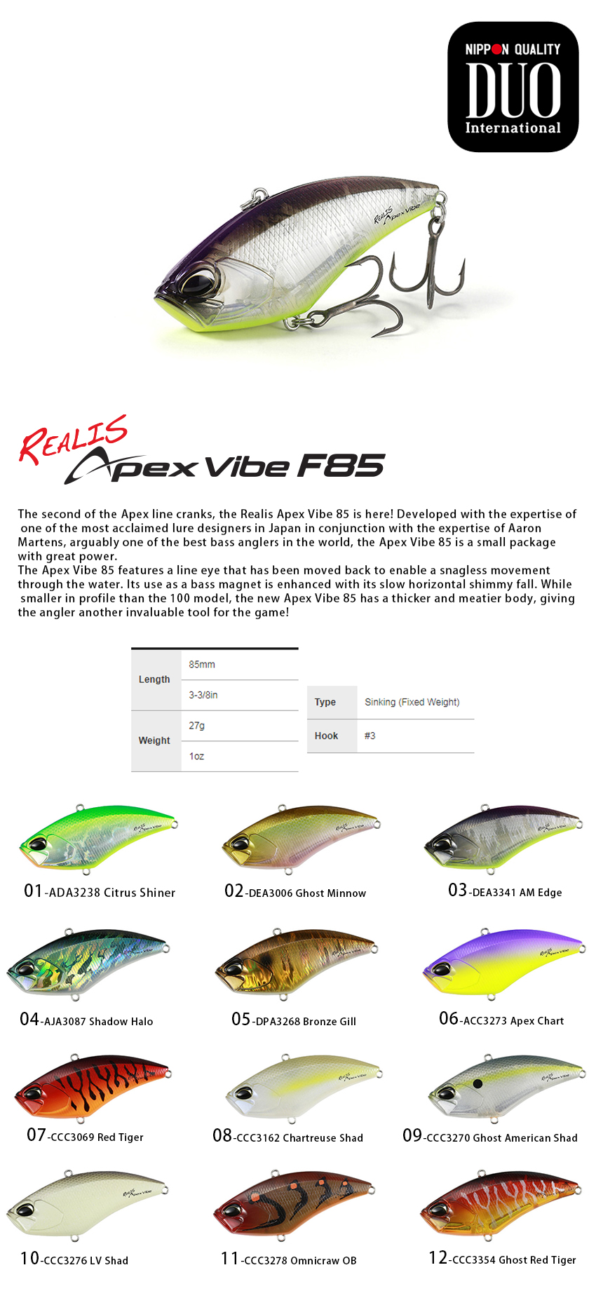 Leurre DUO REALIS APEX VIBE F85 - 85 Mm, 27g, Plongeant 1-6m, Coloris ASA3825