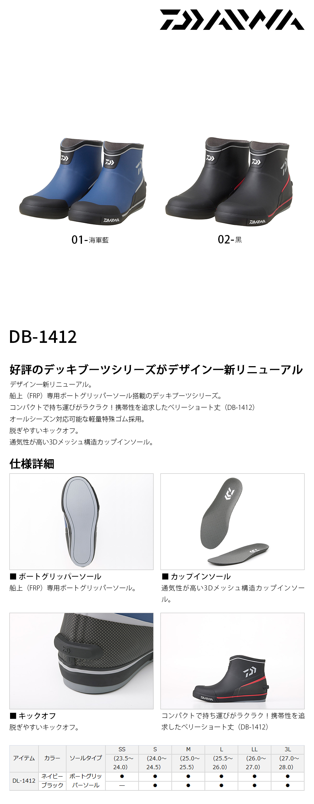 ダイワ ベリーショートネオデッキブーツ DB-1412 ネイビー S(24.0